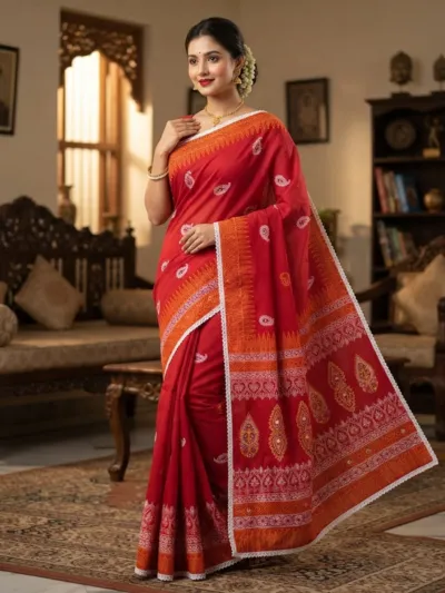 Khadi Cotton Block Print Saree with Lace Border and Blouse Piece