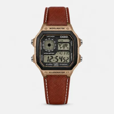 Casio Illuminator Leather Strap Watch with World Map Dial