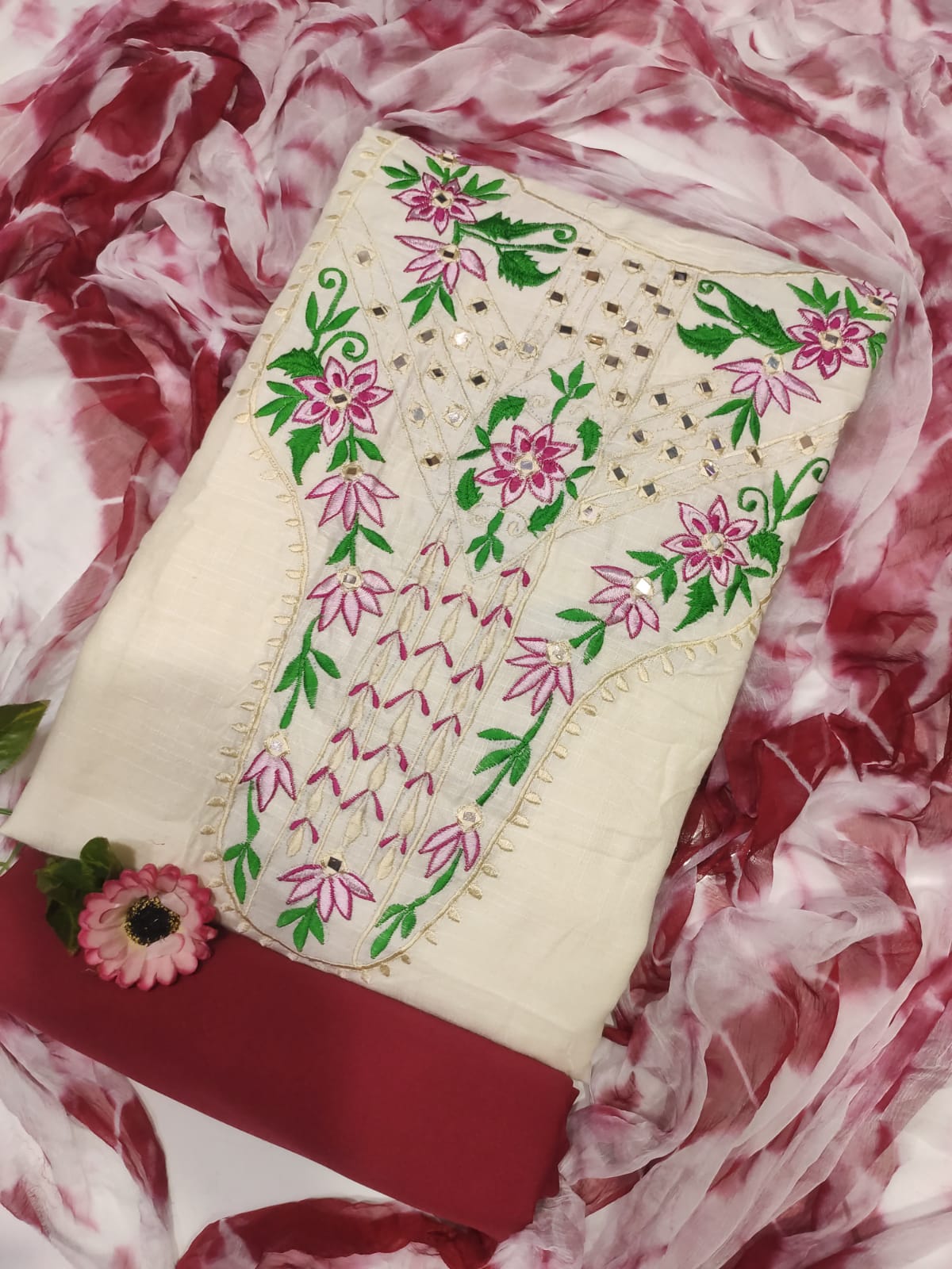 Viscose Slub Cotton Three Piece with Manual Embroidery, Batik Orna