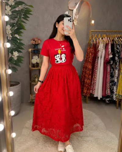 Georgette Skirt and Pure Cotton T-Shirt Set, Free Size up to 42