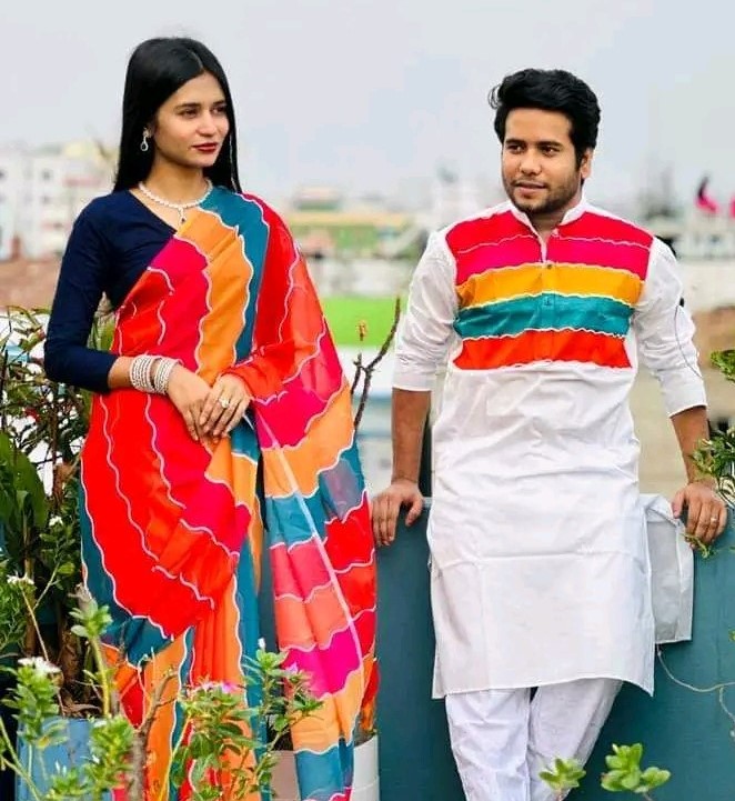 Georgette Saree and Dhupian Silk Panjabi Couple Set, Hand Print