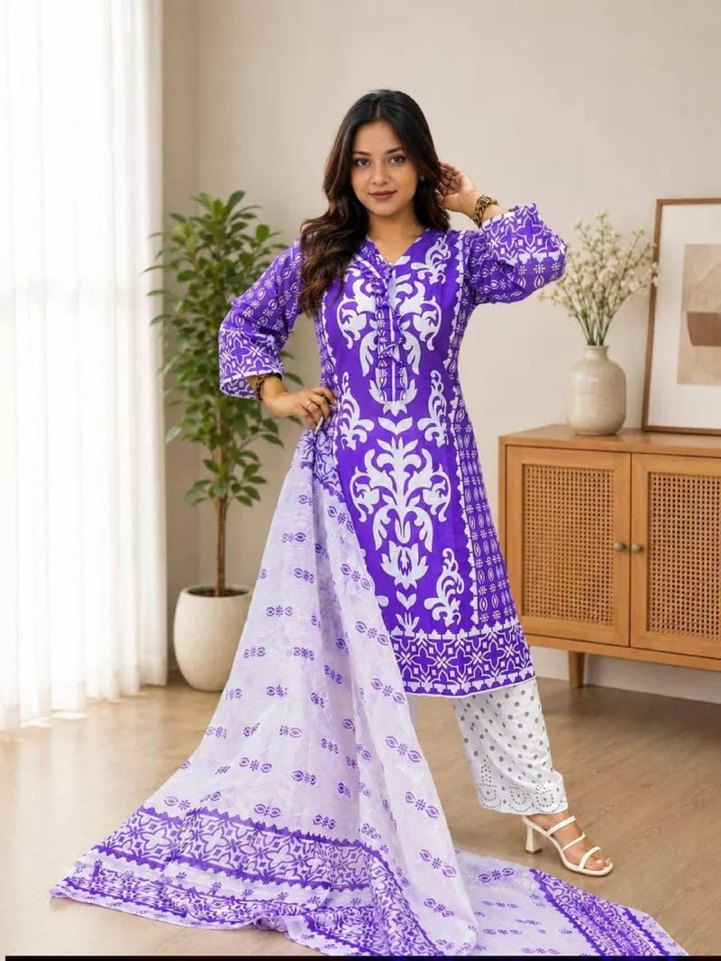 AC Cotton Screen Print Three Piece with Butter Silk Salwar