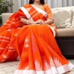 Traditional Sylheti Handloom Cotton Manipuri Saree - Bright Orange