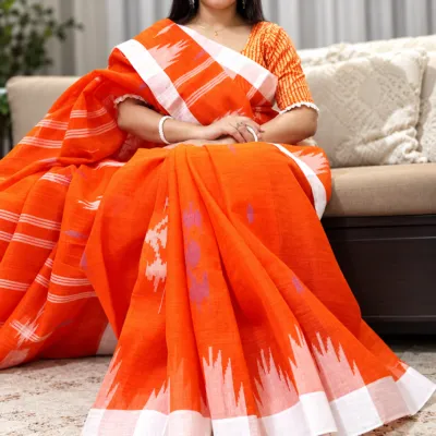Traditional Sylheti Handloom Cotton Manipuri Saree - Bright Orange