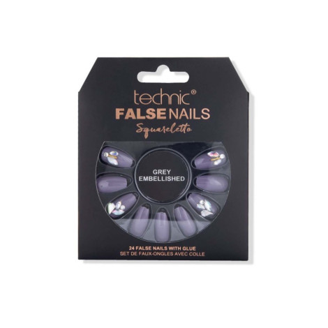 Technic Squareletto 24 False Nails With Glue - Grey Embellished (China)