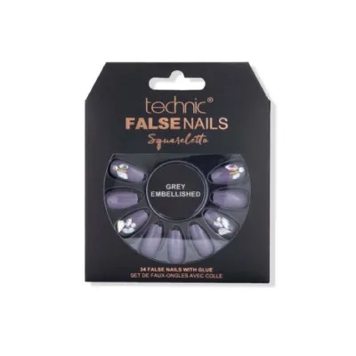 Technic Squareletto 24 False Nails With Glue - Grey Embellished (China)