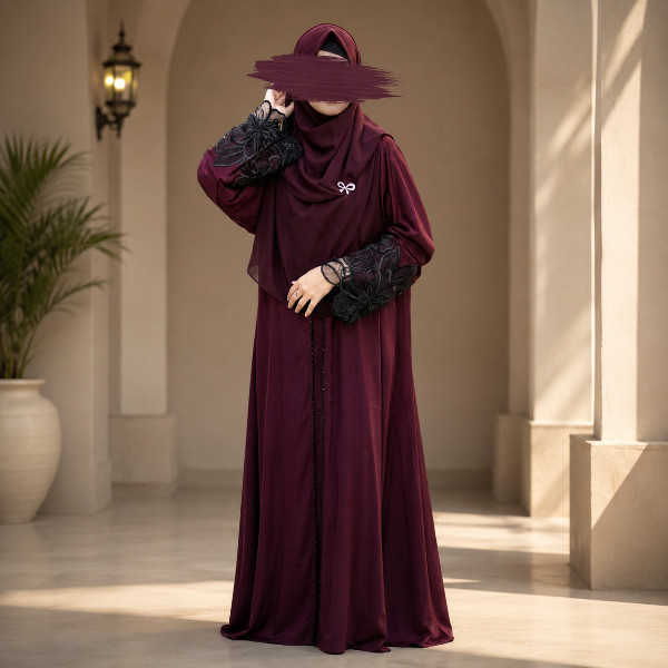 Premium Dubai Cherry Fabric: Elegant Lace Abaya Borka