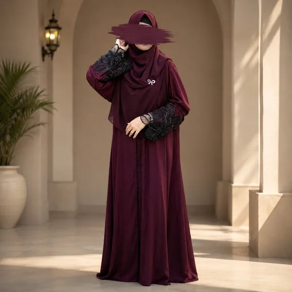 Premium Dubai Cherry Fabric: Elegant Lace Abaya Borka
