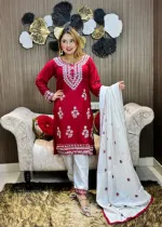 Chikankari Necklace Embroidery Cotton Three Piece, Rayon Silk Orna