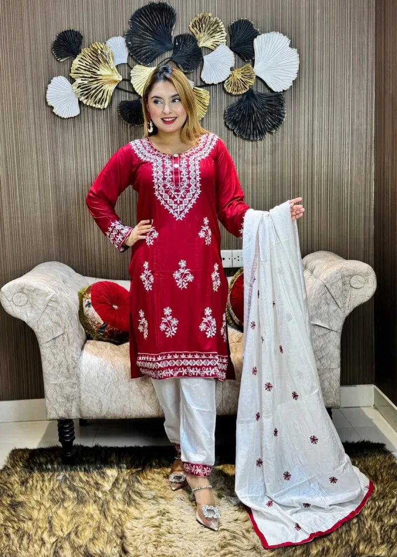 Chikankari Necklace Embroidery Cotton Three Piece, Rayon Silk Orna