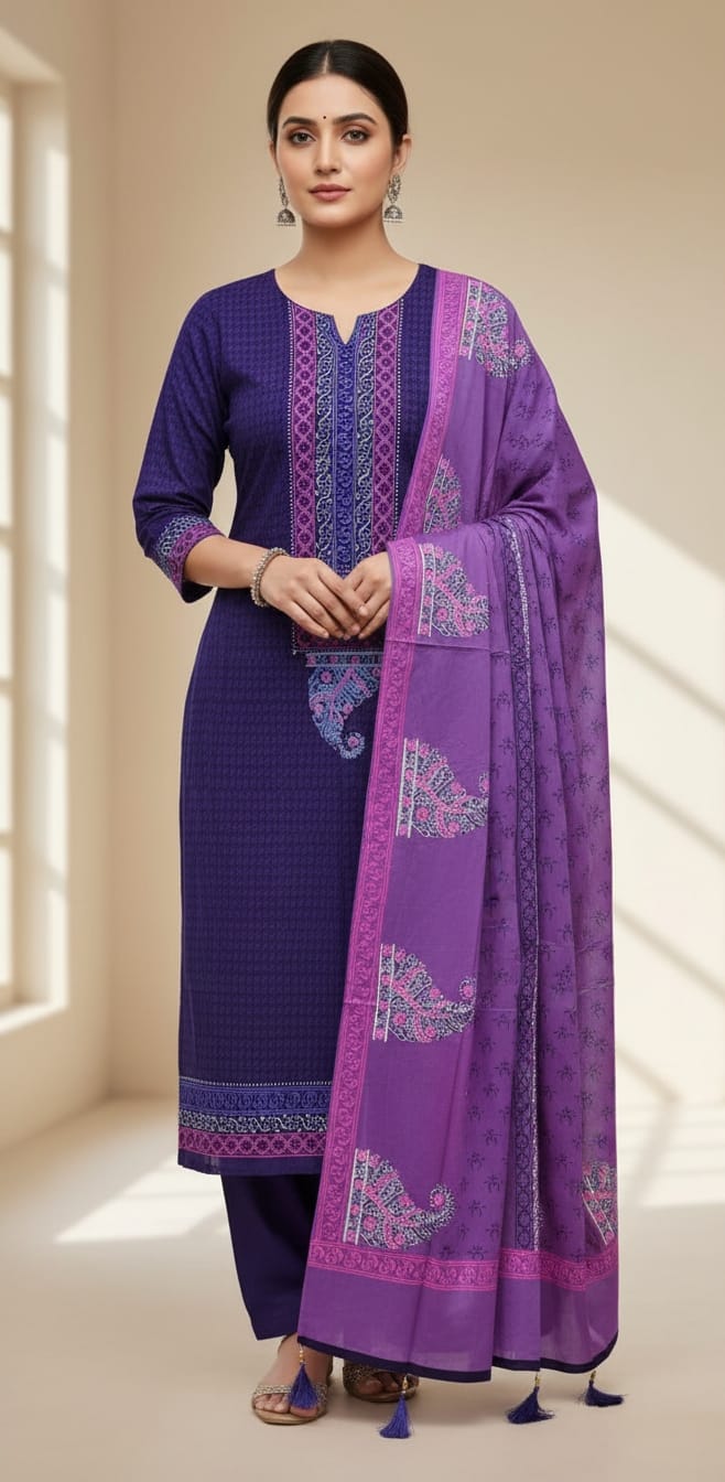Unstitched Voile Three Piece, Five Haath Orna with Tassels