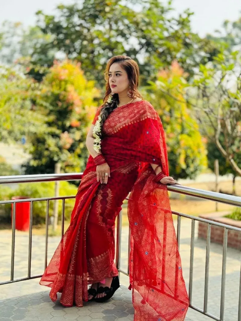 Block Print Semi Muslin Saree with Cotton Voile Blouse, 14 Haath