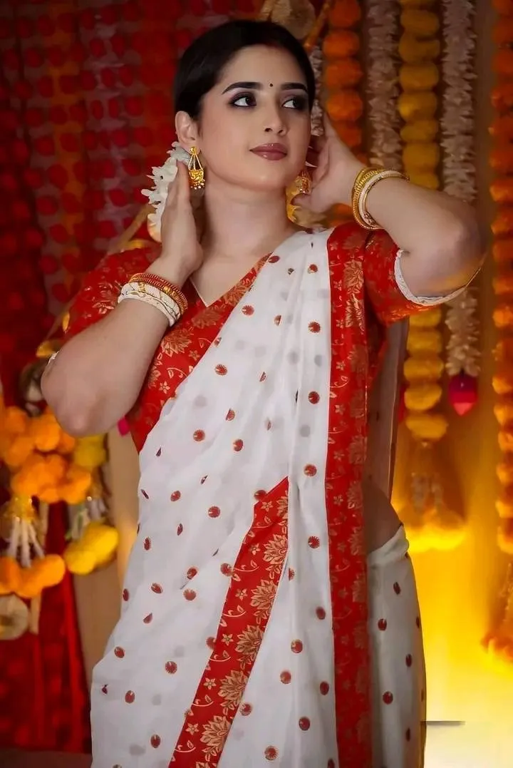 Women's White and Red Half Silk Saree for Pohela Boishakh
