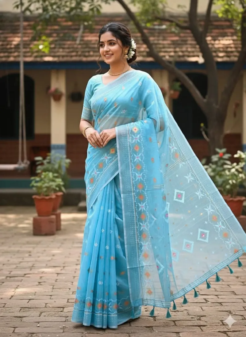 Light Half Silk Saree with All-Over Jamdani Print, 6 Colours