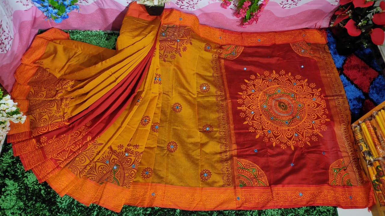 Dhupian Silk Saree, Embroidery and Block Print, 6 Colours