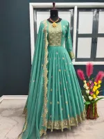 Women's Georgette Embroidered Party Kameez with Orna, Free Size to 46