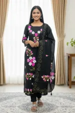 Block and Hand Print Unstitched Three Piece with Tassel Orna