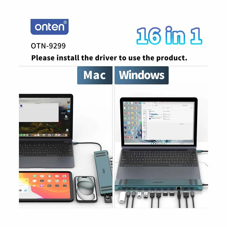 Onten OTN-9299 USB-A Multiport Hub with HDMI, Gigabit LAN, SD/TF, Teal
