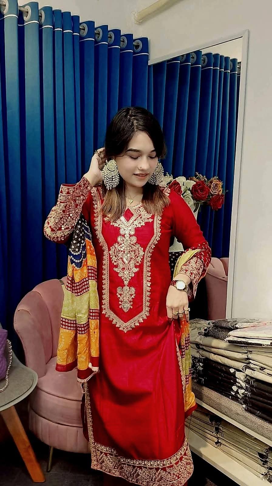 Women's Embroidered Three Piece with Butter Silk Salwar