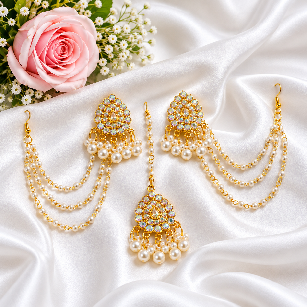Exquisite Gold Plated Kundan & Pearl Earrings with Bahubali Ear Chains (Sahara) & Maang Tikka Set