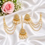 Gold Plated Kundan & Pearl Earrings with Bahubali Ear Chains & Maang Tikka Set