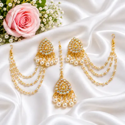 Gold Plated Kundan & Pearl Earrings with Bahubali Ear Chains & Maang Tikka Set