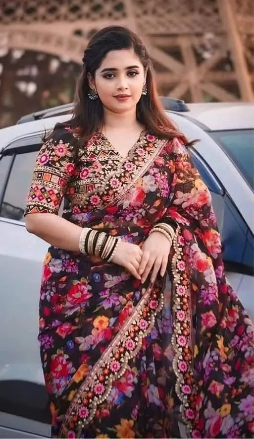 Silk Digital Print Saree with Stone Work and Afsan Lace Hem