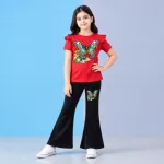 Girls' Butterfly Print Red Flutter Sleeve Top & Black Bell-Bottom Pants Set