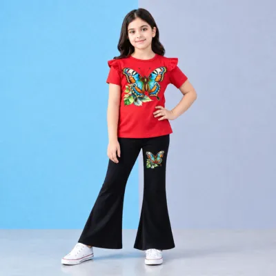 Girls' Butterfly Print Red Flutter Sleeve Top & Black Bell-Bottom Pants Set