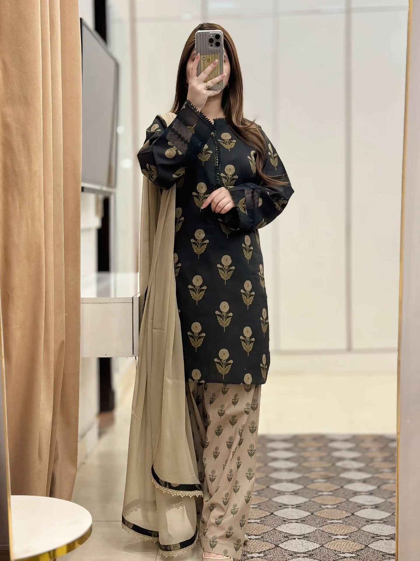 Digital Print Three Piece with 28-29 Inch Kameez, Pant and Orna