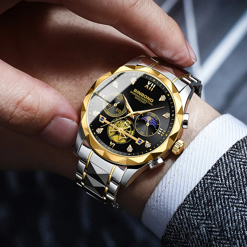 BINBOND B1236 Men's Luxury Tourbillon Dial Quartz Watch, Stainless Steel