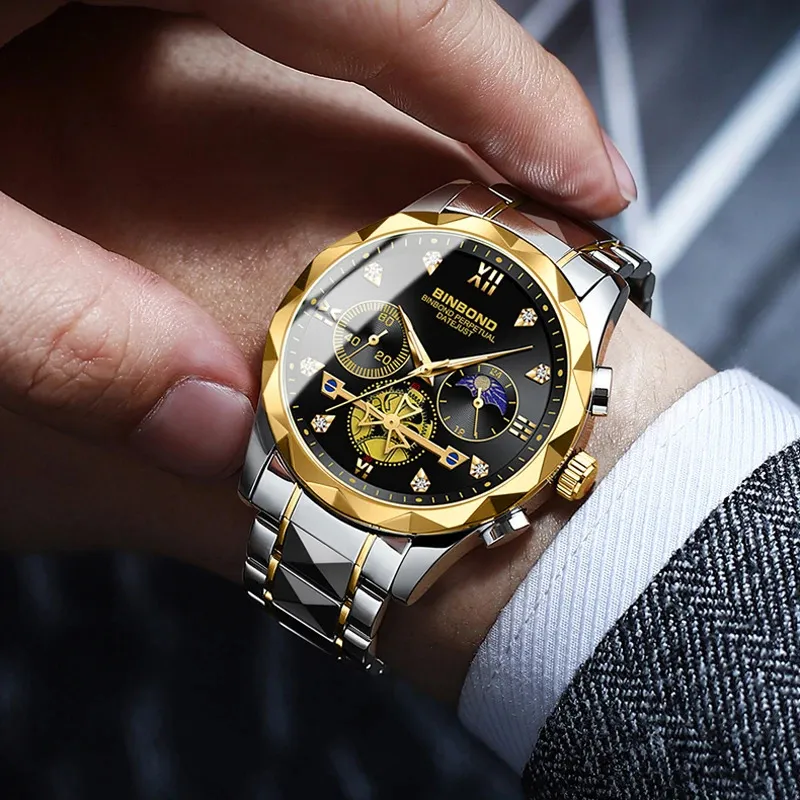 BINBOND B1236 Men's Luxury Tourbillon Dial Quartz Watch, Stainless Steel