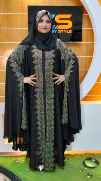 Arabia Full Stone Work Borka with Hijab, Cherry Fabric