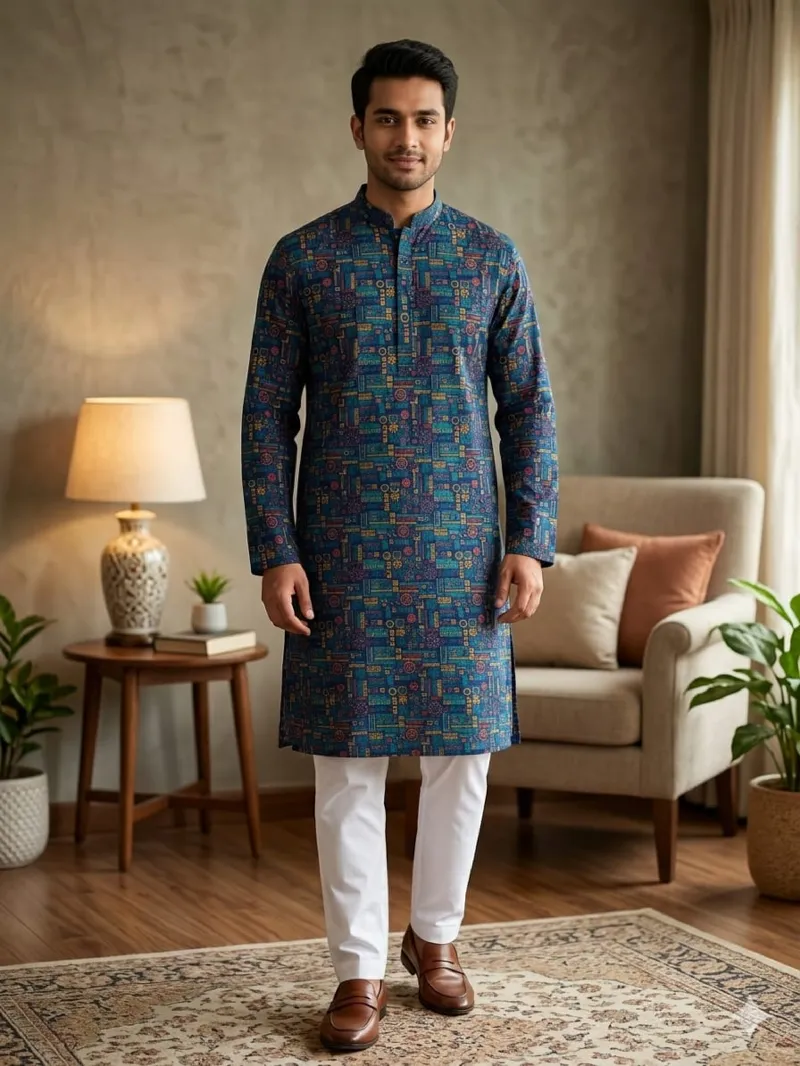 Men's Slub Cotton Panjabi with Skin Print, Sizes 38 to 46