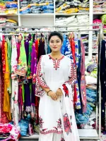 Women's Puja Linen Three Piece with Embroidery and Digital Print Orna