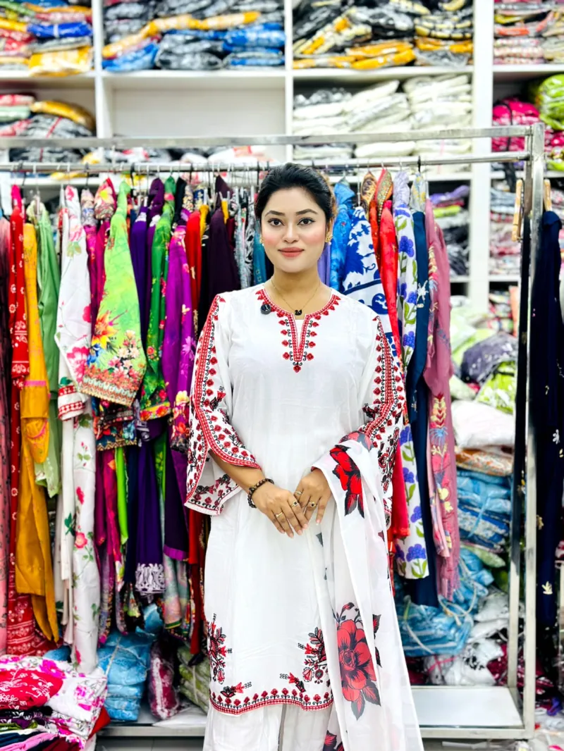 Women's Puja Linen Three Piece with Embroidery and Digital Print Orna