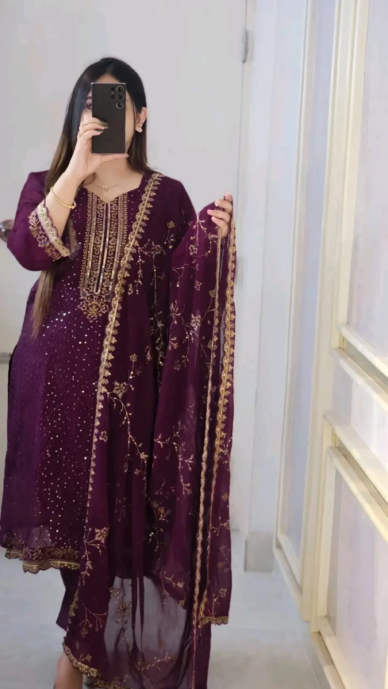 Faux Georgette Embroidered Four Piece Set with Micro Silk Salwar