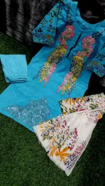 Women's Cotton Watermark Print Three Piece with Embroidery