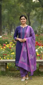 Hand Block Print Voile Unstitched Three Piece for Summer