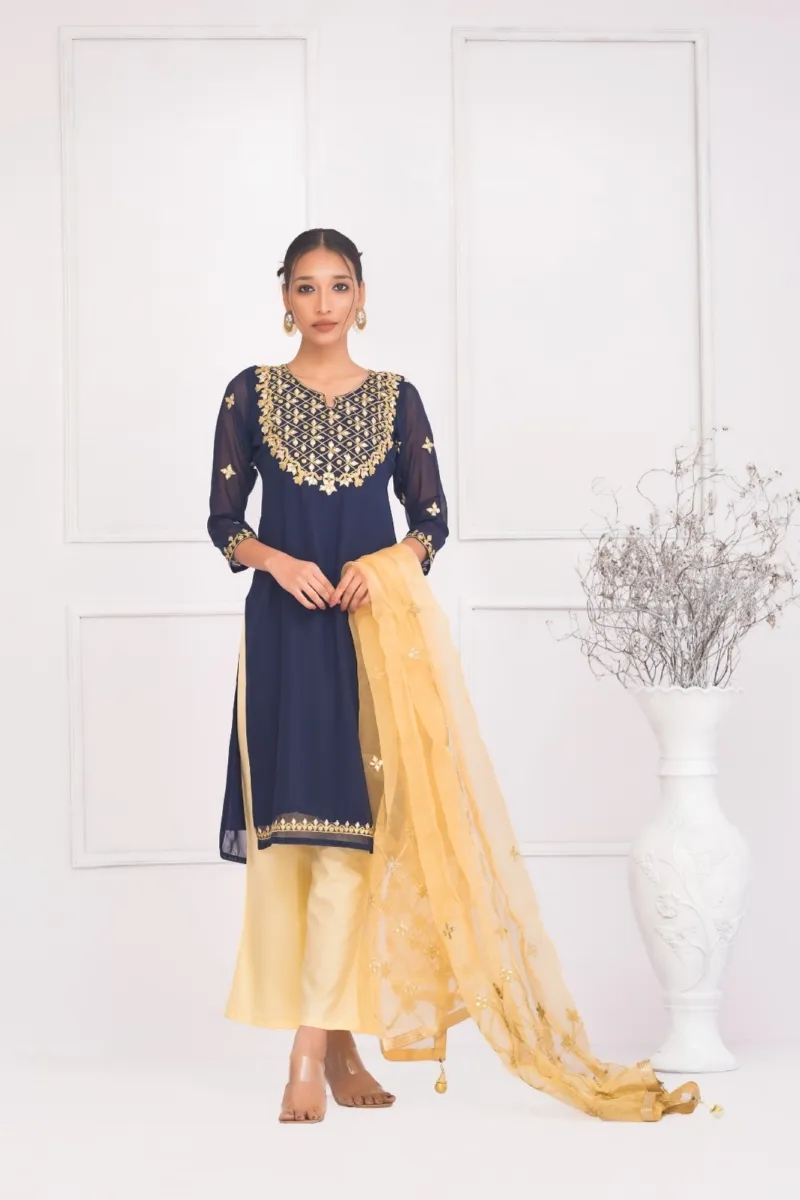 Dollar Embroidery Georgette Three Piece with Organza Orna, 44 Inch