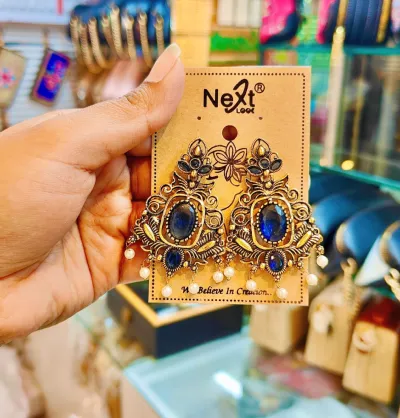 Antique Gold Royal Blue Stone & Pearl Drop Earrings