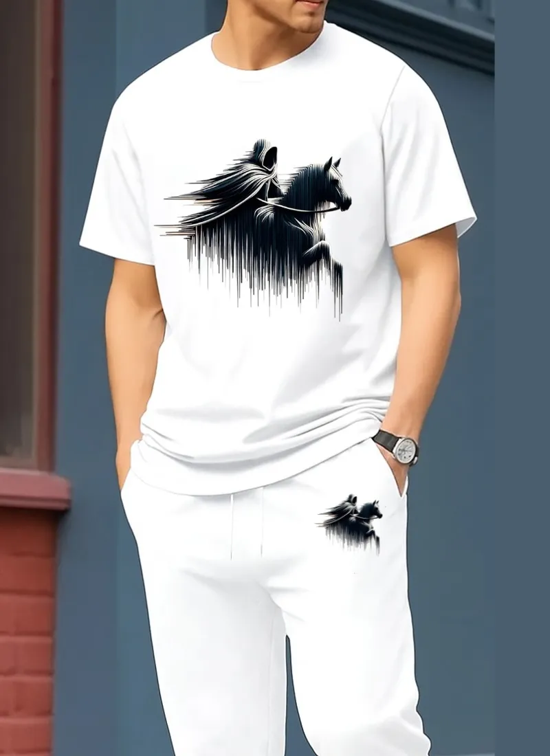 Drop Shoulder Pure Cotton T-Shirt and Trouser Set for Men, 180 GSM