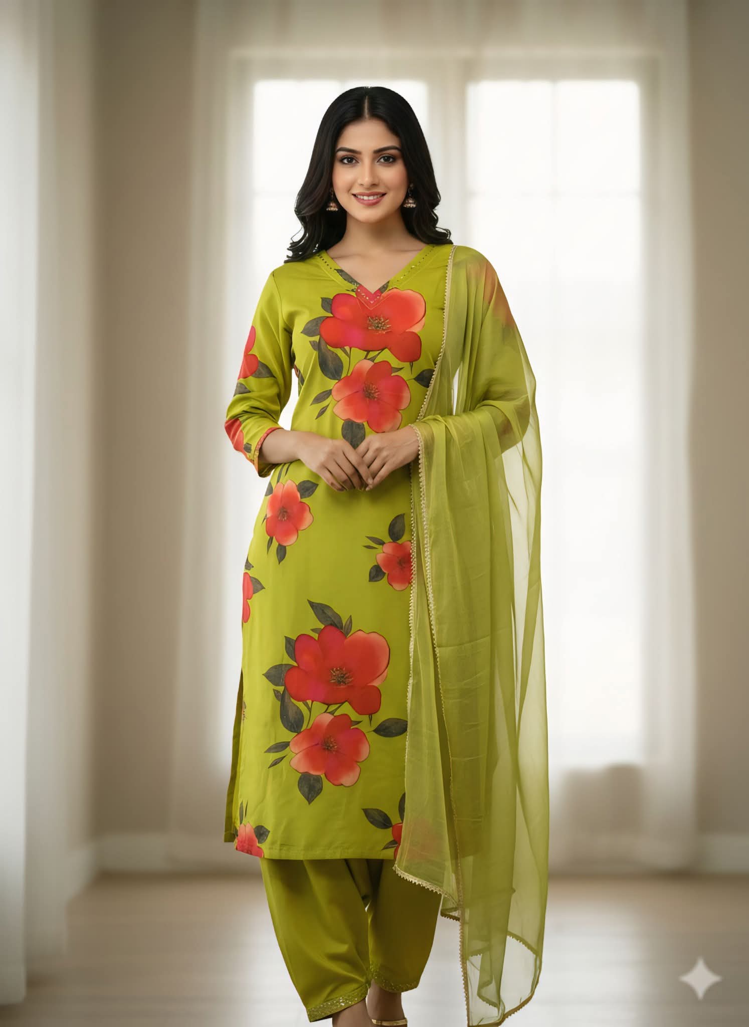 Weightless Georgette Three Piece with Digital Print and Stone Work