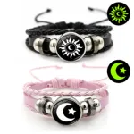 Sun and Moon Couple Bracelet Set, Leather with Metal Finish
