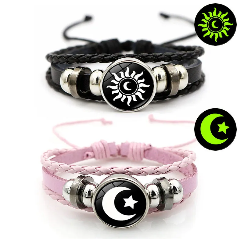 Sun and Moon Couple Bracelet Set, Leather with Metal Finish