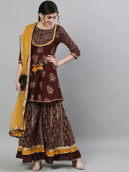 Women's AC Cotton Three Piece with Printed Butterfly Sharara