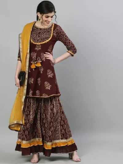 Women's AC Cotton Three Piece with Printed Butterfly Sharara