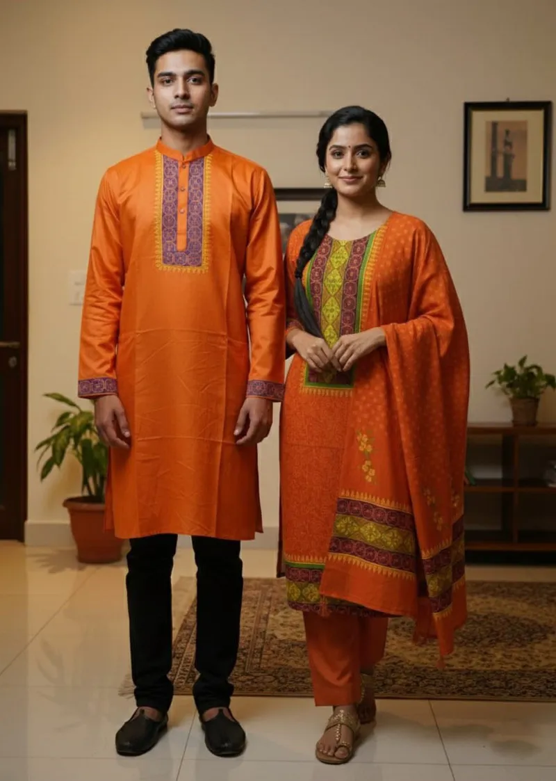Matching Couple Dress, Unstitched Three Piece with Panjabi 38 to 46