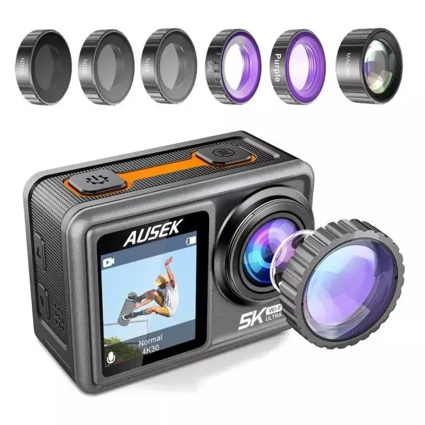 Ausek AT-S81TR Waterproof Dual Display 5K Action Camera With Filter