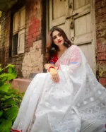 Boishakh Red Border White Half Silk Saree, 3 Colours